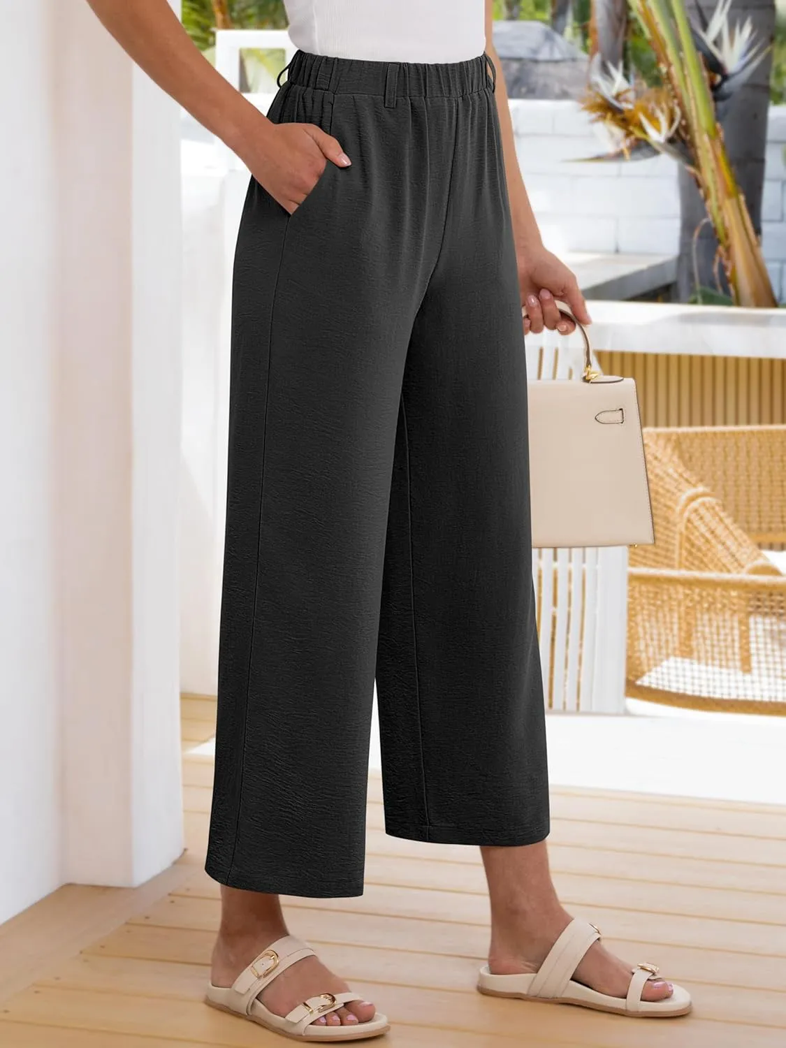 ANRABESS Wide Leg Pants for Women Summer Elastic Waist 2025 Casual Beach Vacation Cropped Palazzo Pants Trousers with Pocket