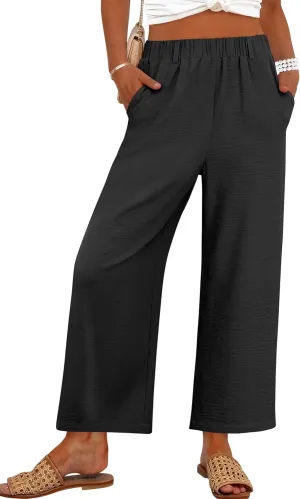 ANRABESS Wide Leg Pants for Women Summer Elastic Waist 2025 Casual Beach Vacation Cropped Palazzo Pants Trousers with Pocket