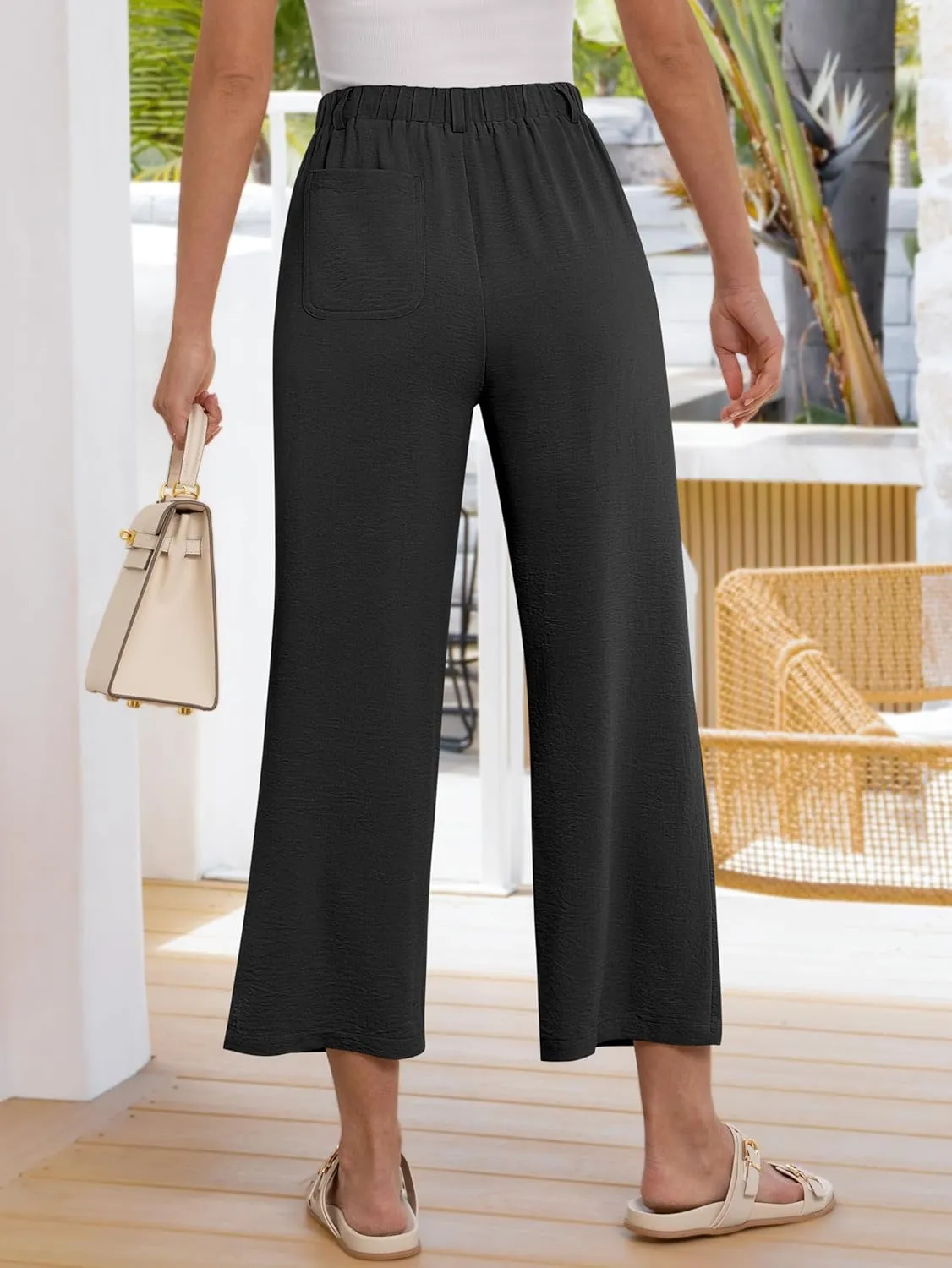ANRABESS Wide Leg Pants for Women Summer Elastic Waist 2025 Casual Beach Vacation Cropped Palazzo Pants Trousers with Pocket