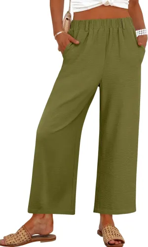 ANRABESS Wide Leg Pants for Women Summer Elastic Waist 2025 Casual Beach Vacation Cropped Palazzo Pants Trousers with Pocket
