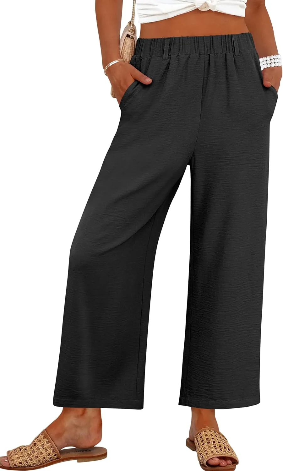 ANRABESS Wide Leg Pants for Women Summer Elastic Waist 2025 Casual Beach Vacation Cropped Palazzo Pants Trousers with Pocket