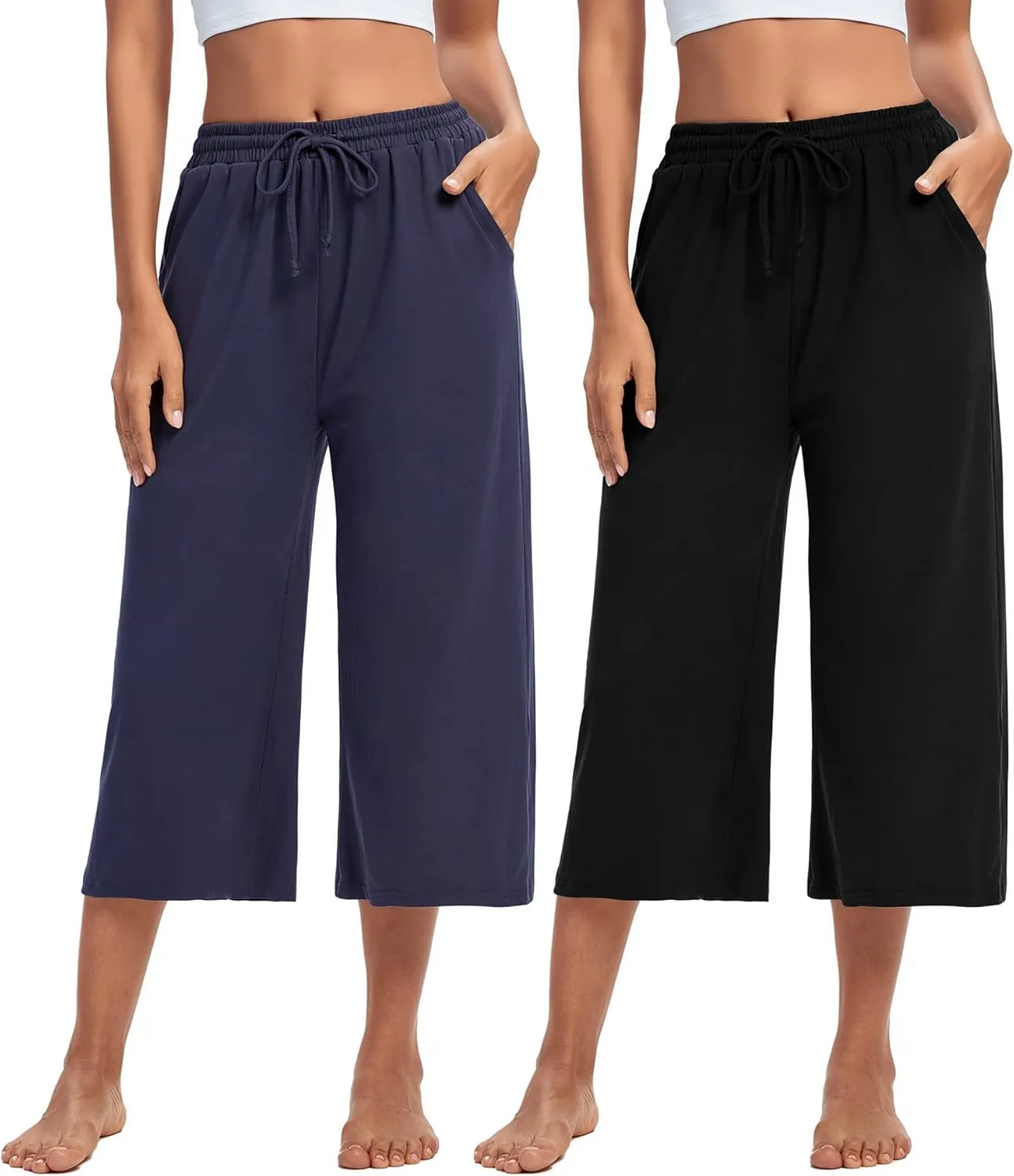ASIMOON Womens Capri Yoga Pants Wide Leg Drawstring Lounge Pants Loose Comfy Workout Capris Sweatpants with Pockets