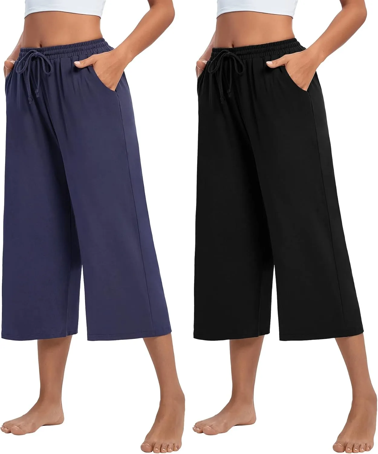 ASIMOON Womens Capri Yoga Pants Wide Leg Drawstring Lounge Pants Loose Comfy Workout Capris Sweatpants with Pockets