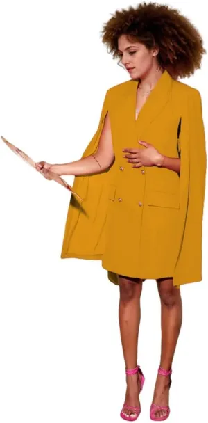 Blazer Dress for Women with Cape Double Breasted Peak Lapel Regular Fit Women's Solid Suit Skirt for Work Office