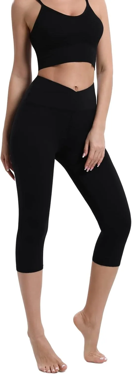 BOPOVA Women's High Waisted Capri Leggings Navy V Crossover Waist Tummy Control Workout Yoga Pants for Women
