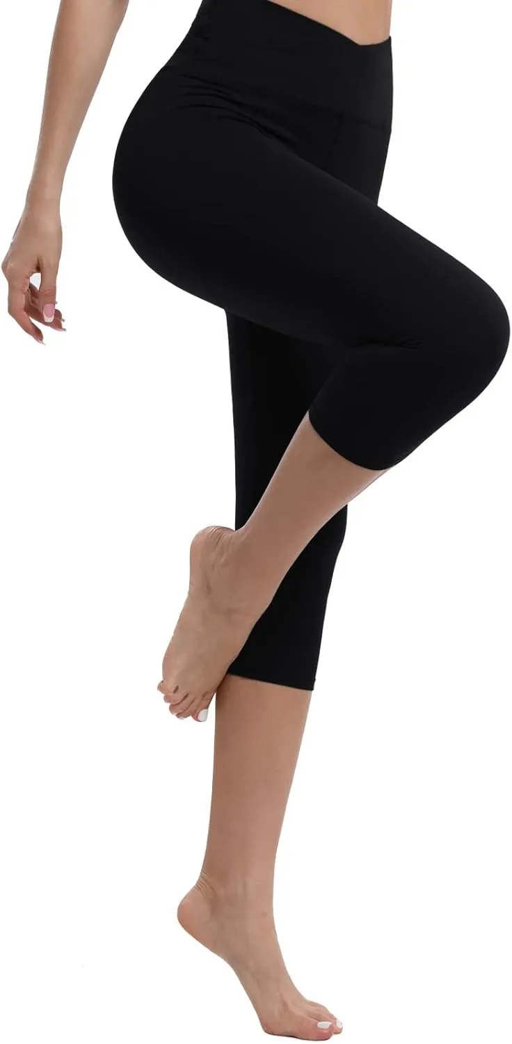 BOPOVA Women's High Waisted Capri Leggings Navy V Crossover Waist Tummy Control Workout Yoga Pants for Women