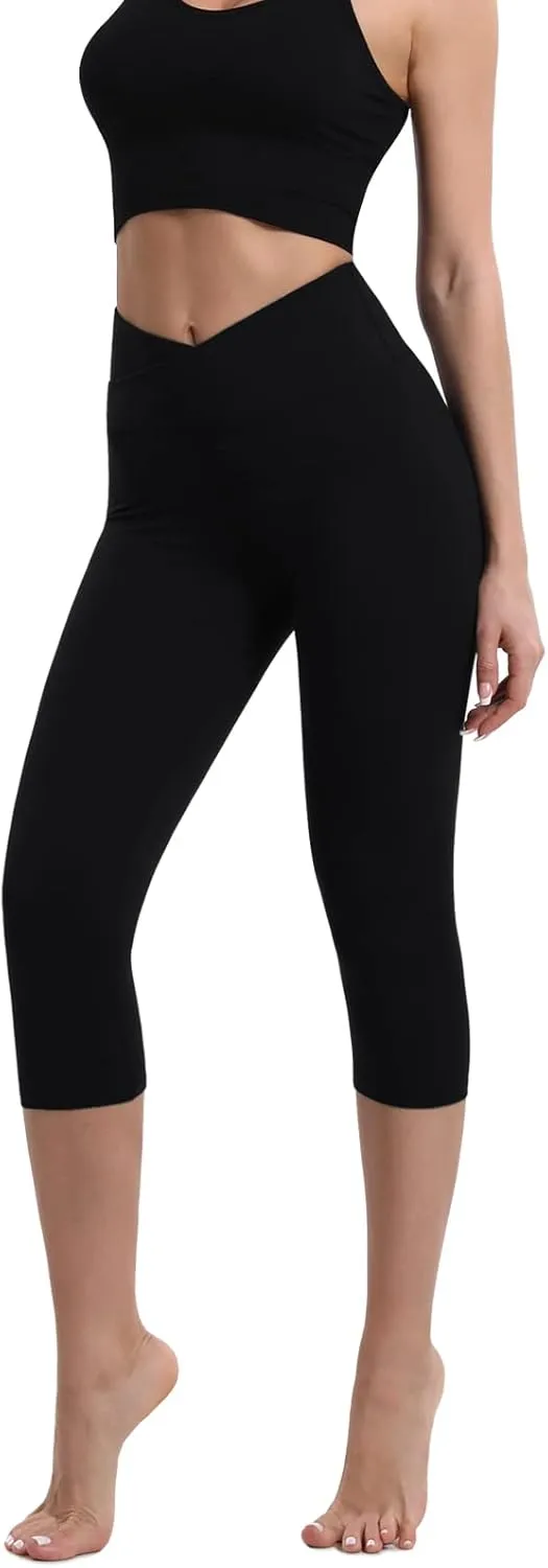 BOPOVA Women's High Waisted Capri Leggings Navy V Crossover Waist Tummy Control Workout Yoga Pants for Women