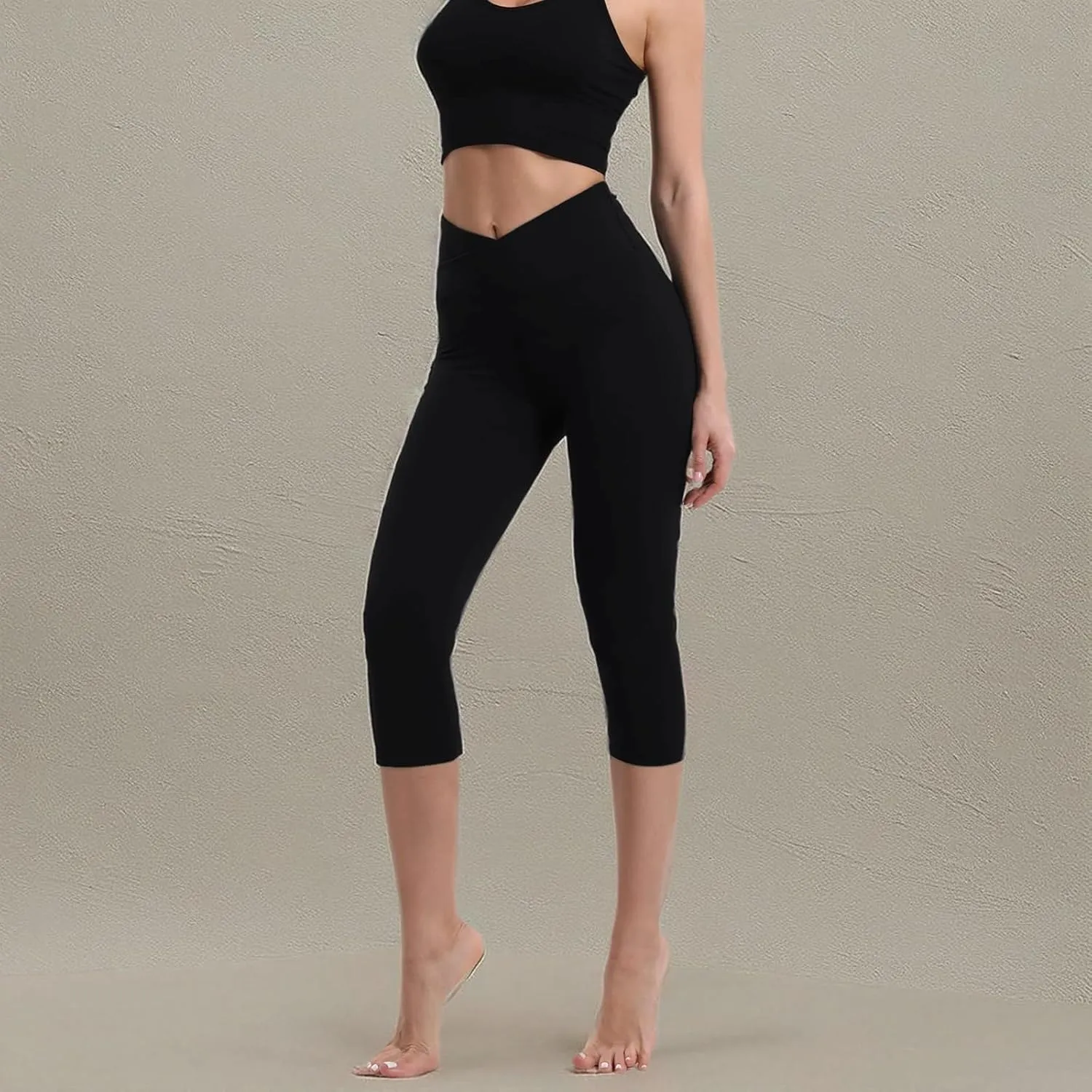 BOPOVA Women's High Waisted Capri Leggings Navy V Crossover Waist Tummy Control Workout Yoga Pants for Women