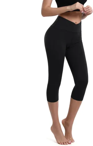 BOPOVA Women's High Waisted Capri Leggings Navy V Crossover Waist Tummy Control Workout Yoga Pants for Women