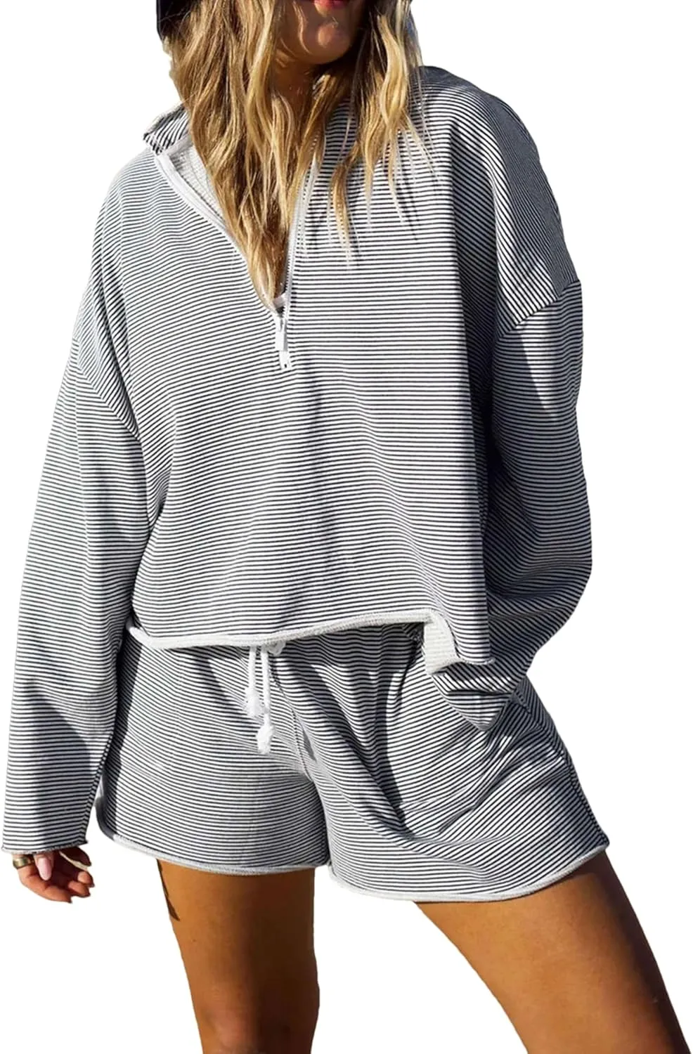 Bozanly Women's 2 Piece Outfits Casual Quarter Zip Long Sleeve Pullover and Drawstring Shorts Lounge Set