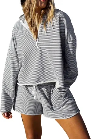 Bozanly Women's 2 Piece Outfits Casual Quarter Zip Long Sleeve Pullover and Drawstring Shorts Lounge Set