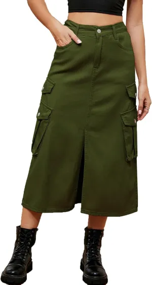 cffvdiz Women's Y2k Denim Cargo Skirt High Waisted Vintage Slit Casual Midi Cargo Skirt with Flap Pockets