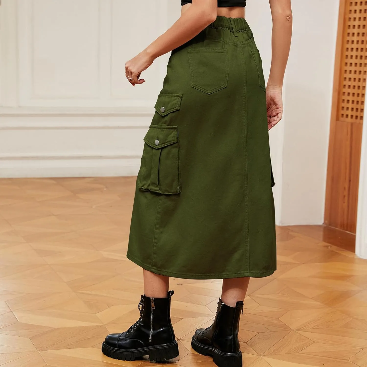cffvdiz Women's Y2k Denim Cargo Skirt High Waisted Vintage Slit Casual Midi Cargo Skirt with Flap Pockets