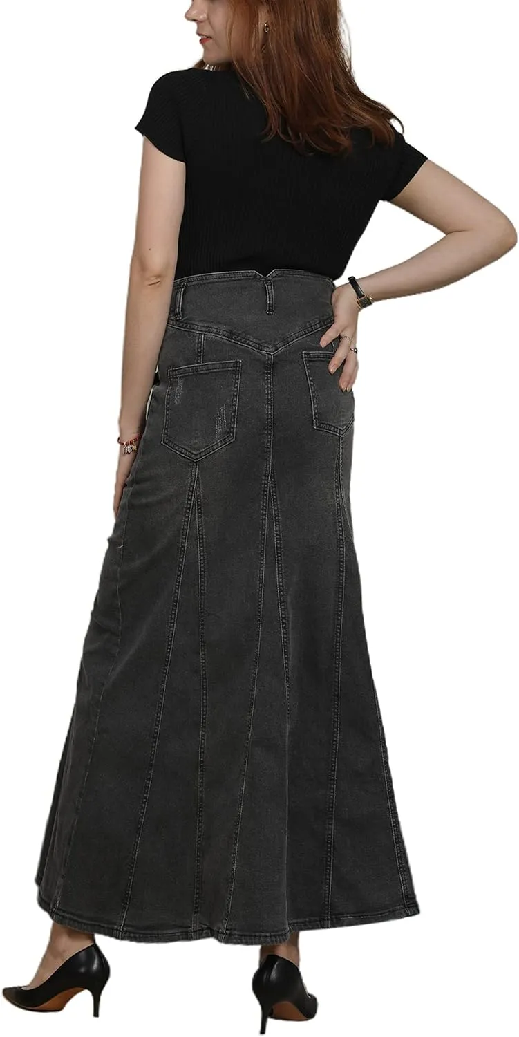 CHARTOU Women's Retro Exposure Button-Fly Packaged Hip A-Line Maxi Long Denim Skirt
