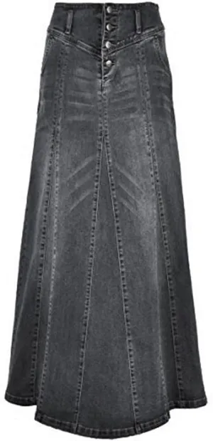 CHARTOU Women's Retro Exposure Button-Fly Packaged Hip A-Line Maxi Long Denim Skirt