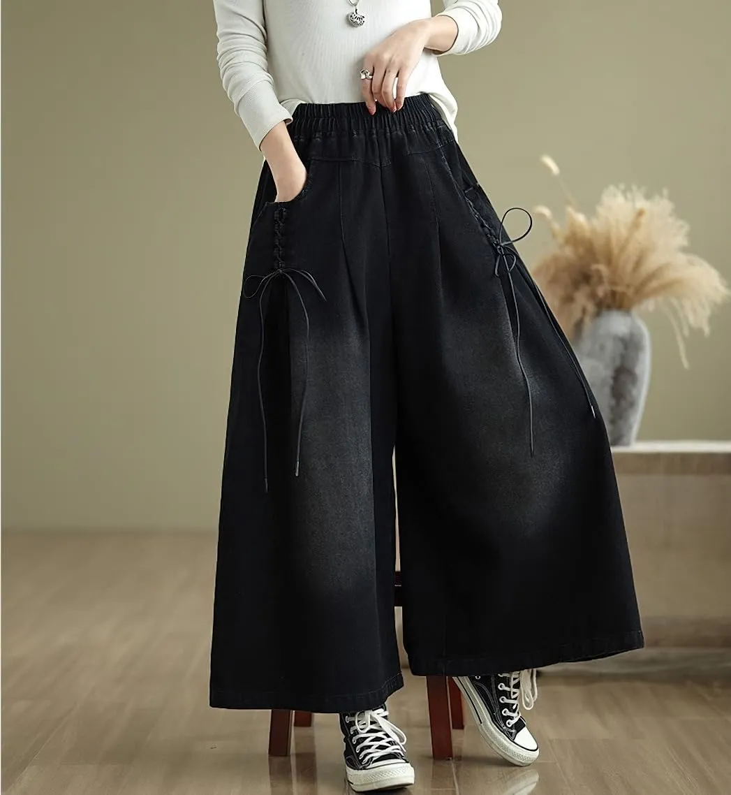 chouyatou Women's Casual Wide Leg Denim Pants Baggy Culotte Jeans Elastic Waist Loose Trousers