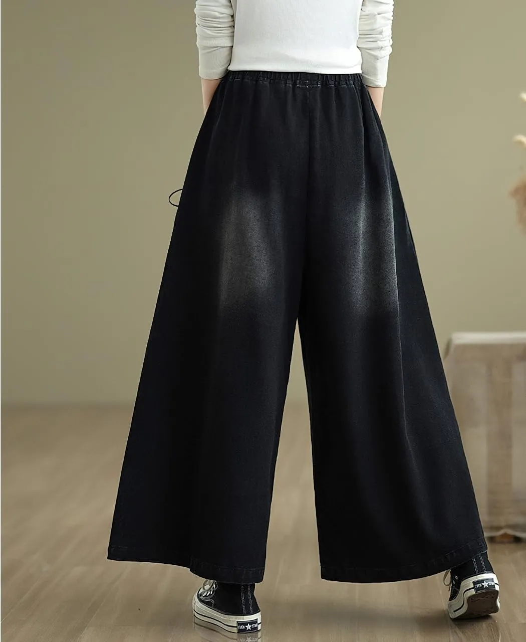 chouyatou Women's Casual Wide Leg Denim Pants Baggy Culotte Jeans Elastic Waist Loose Trousers