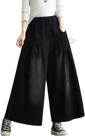 chouyatou Women's Casual Wide Leg Denim Pants Baggy Culotte Jeans Elastic Waist Loose Trousers