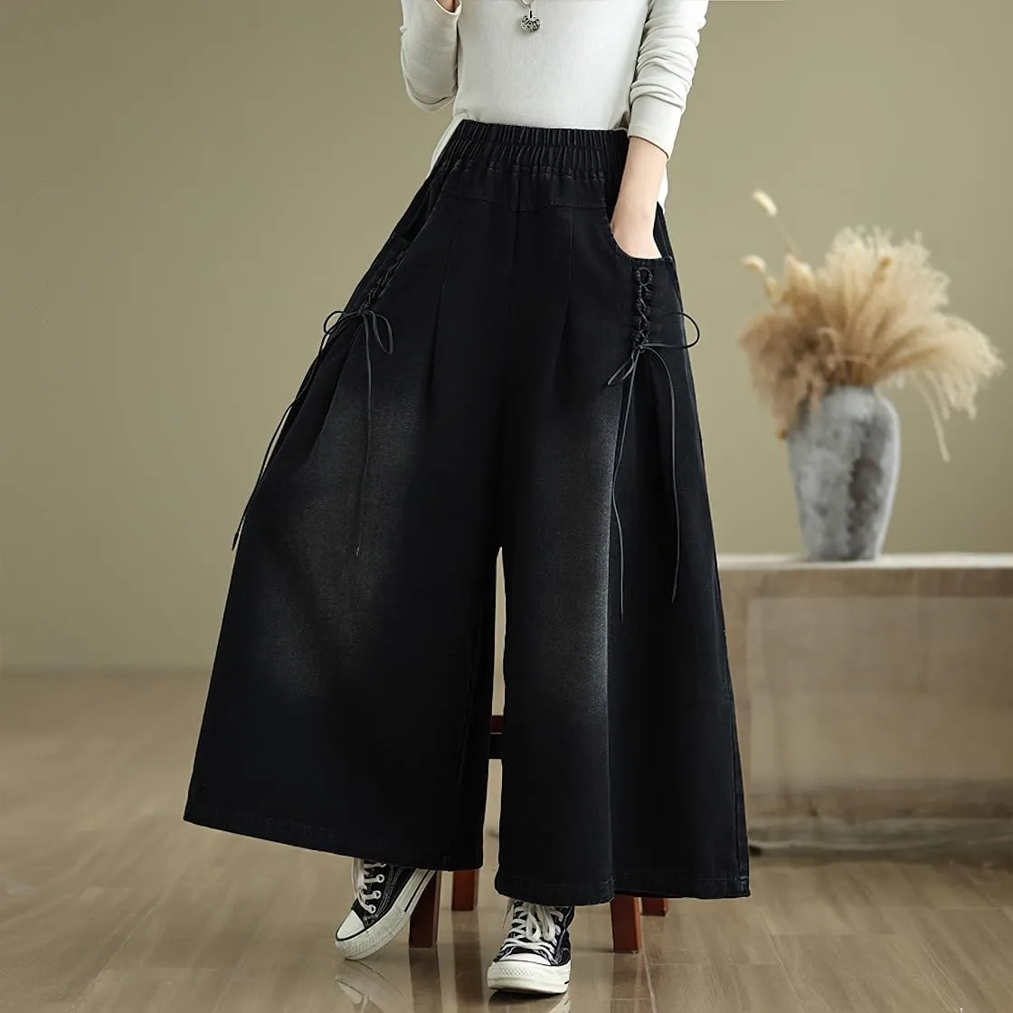 chouyatou Women's Casual Wide Leg Denim Pants Baggy Culotte Jeans Elastic Waist Loose Trousers