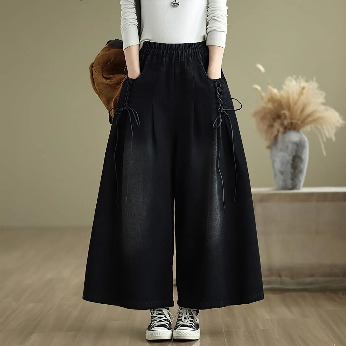 chouyatou Women's Casual Wide Leg Denim Pants Baggy Culotte Jeans Elastic Waist Loose Trousers