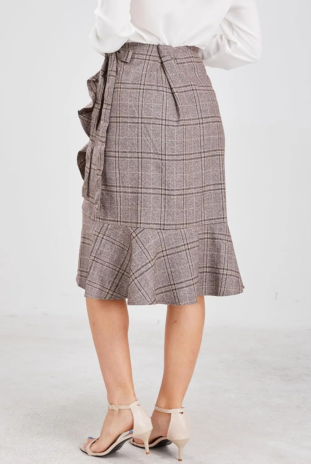 chouyatou Women's Elegant Work Wear Adjustable Waist Flounce A-Line Plaid Midi Wrap Skirt