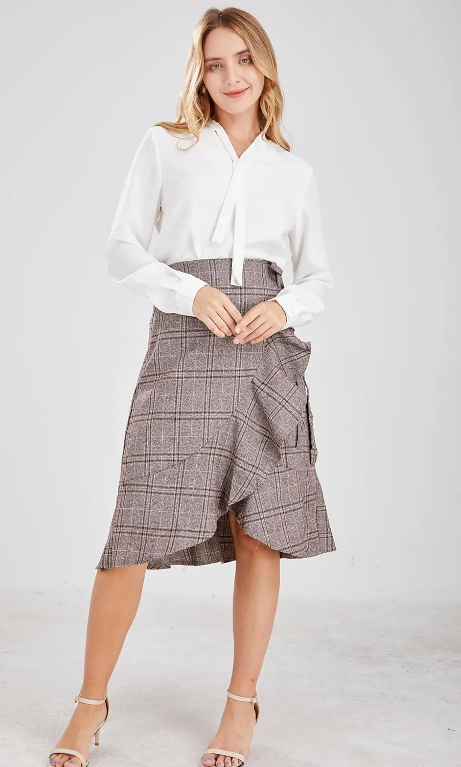 chouyatou Women's Elegant Work Wear Adjustable Waist Flounce A-Line Plaid Midi Wrap Skirt