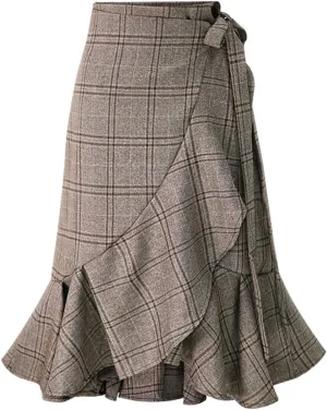 chouyatou Women's Elegant Work Wear Adjustable Waist Flounce A-Line Plaid Midi Wrap Skirt