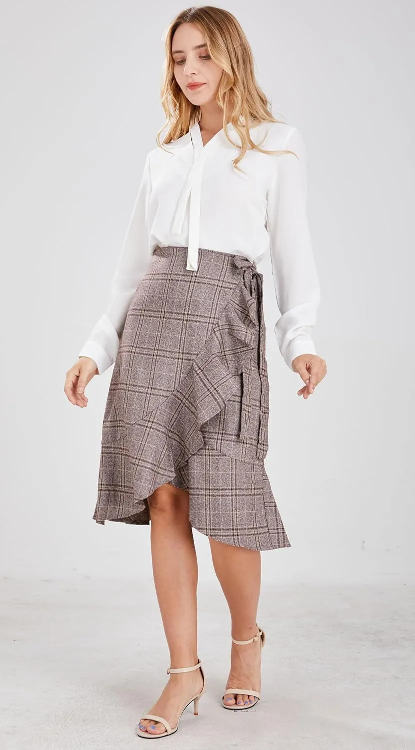 chouyatou Women's Elegant Work Wear Adjustable Waist Flounce A-Line Plaid Midi Wrap Skirt
