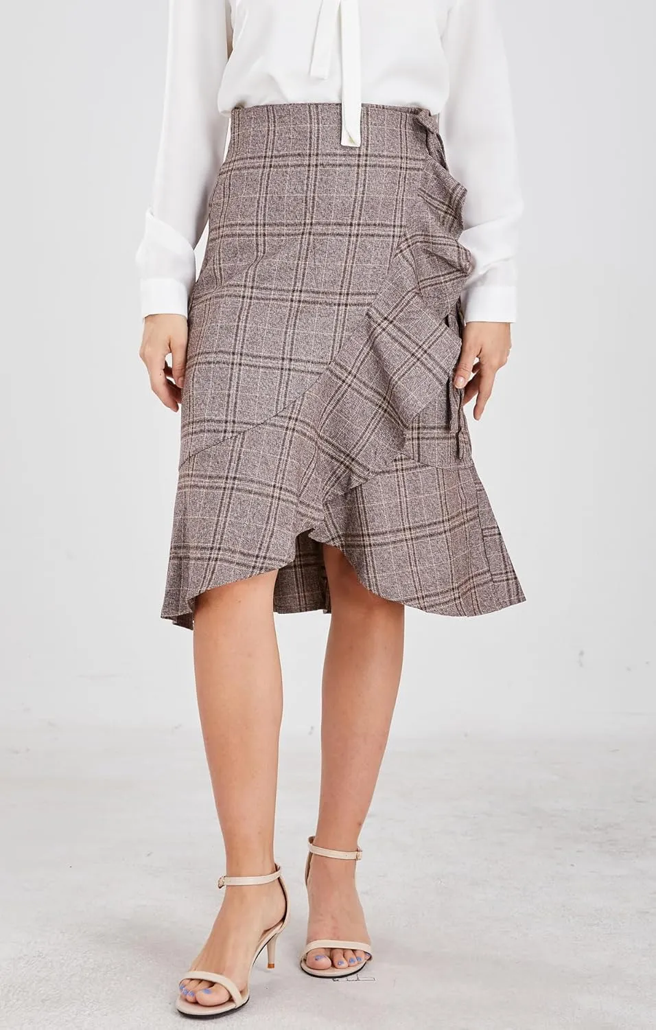 chouyatou Women's Elegant Work Wear Adjustable Waist Flounce A-Line Plaid Midi Wrap Skirt