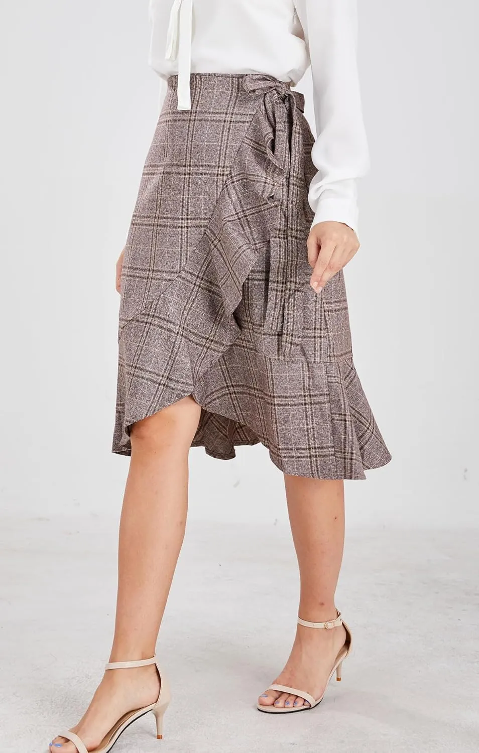 chouyatou Women's Elegant Work Wear Adjustable Waist Flounce A-Line Plaid Midi Wrap Skirt