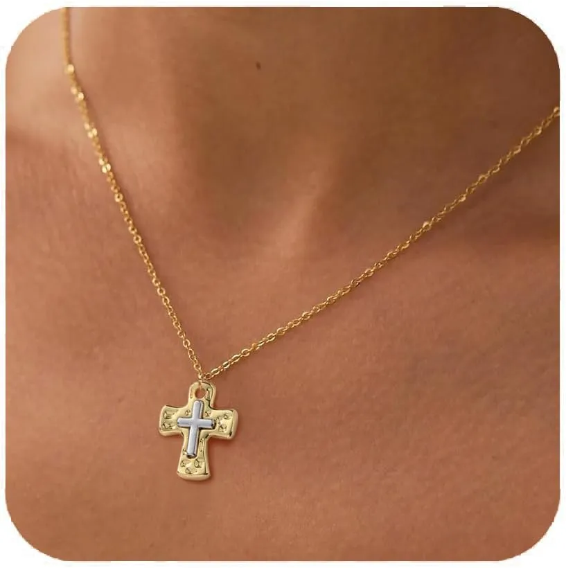 Chunky Hammered Cross Necklace for Women Men - Mixed Metal Religious Christian Statement Cross Pendant Jewelry Gift for Her