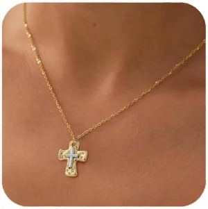 Chunky Hammered Cross Necklace for Women Men - Mixed Metal Religious Christian Statement Cross Pendant Jewelry Gift for Her
