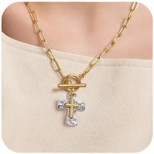 Chunky Hammered Cross Necklace for Women Men - Mixed Metal Religious Christian Statement Cross Pendant Jewelry Gift for Her
