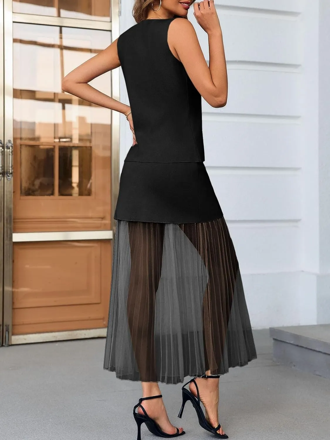 Cicy Bell Womens Summer 2 Piece Outfits V Neck Sleeveless Blazer Waistcoat and Mesh Maxi Skirt Suit Sets