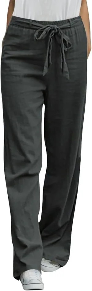Cotton Linen Pants Women Summer Drawstring Waist Wide Leg Pants Casual Elastic Waist Trouser Beach Trousers Outfits