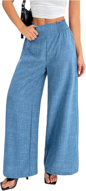 COZYEASE Women's Elastic Smocked Waist Pants Straight Leg High Rise Long Trousers