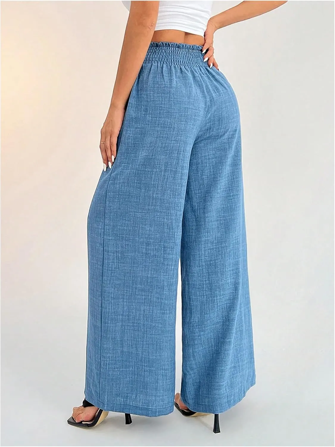 COZYEASE Women's Elastic Smocked Waist Pants Straight Leg High Rise Long Trousers