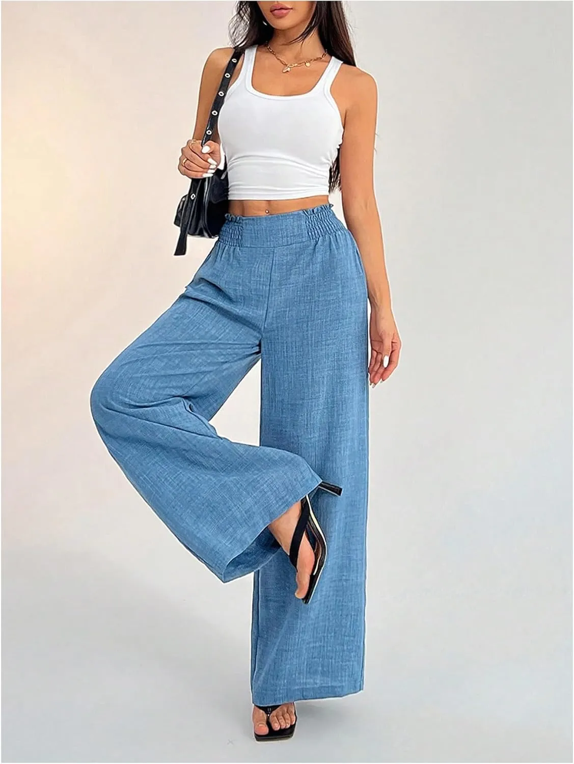 COZYEASE Women's Elastic Smocked Waist Pants Straight Leg High Rise Long Trousers
