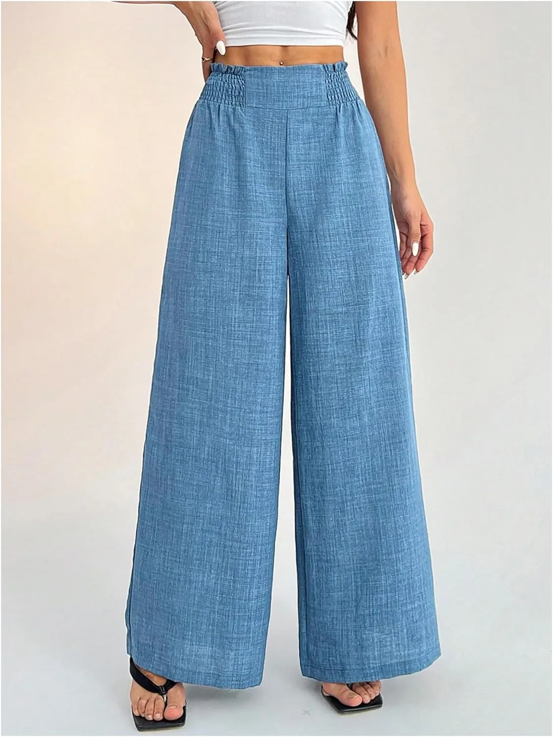 COZYEASE Women's Elastic Smocked Waist Pants Straight Leg High Rise Long Trousers