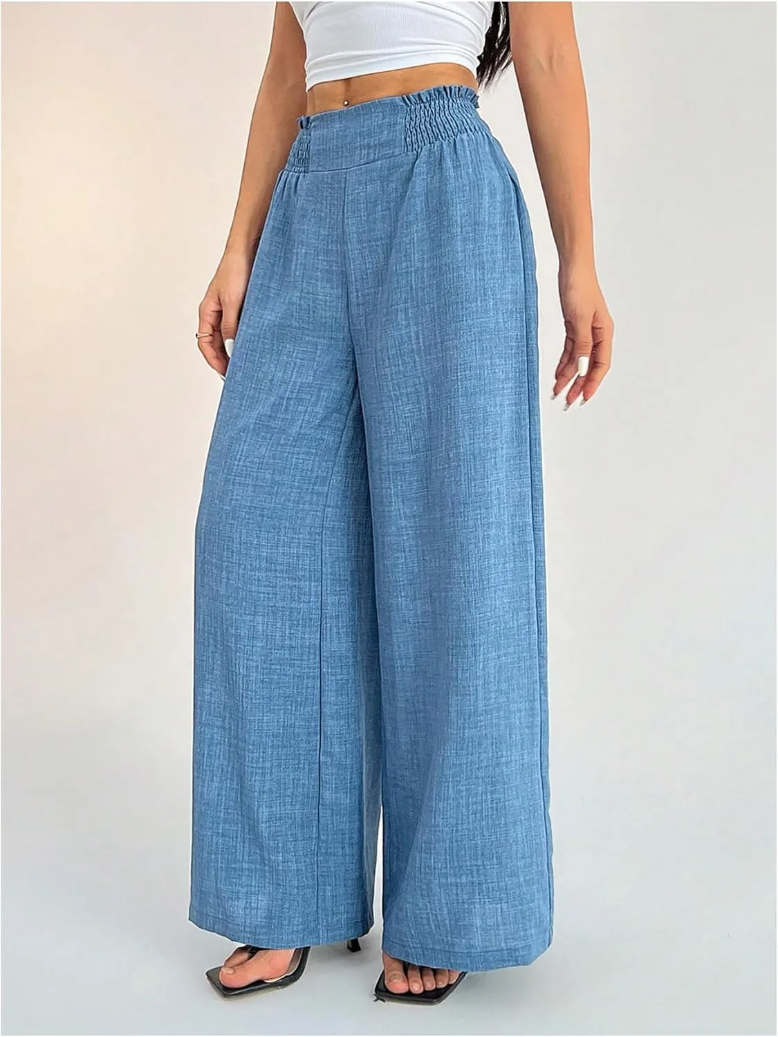 COZYEASE Women's Elastic Smocked Waist Pants Straight Leg High Rise Long Trousers