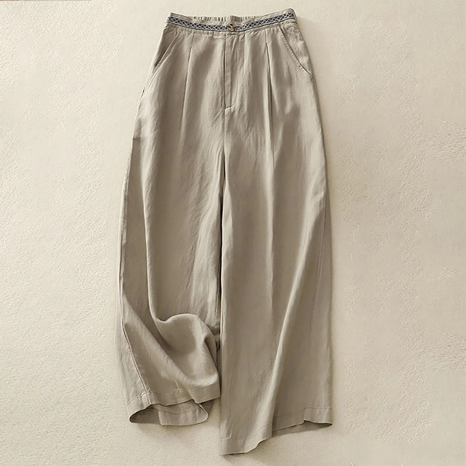 DASAYO Boho Linen Pants Women Trendy High Waisted Cropped Palazzo Pants Ladies Wide Leg Beach Casual Trousers with Pockets