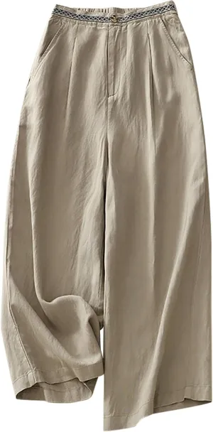 DASAYO Boho Linen Pants Women Trendy High Waisted Cropped Palazzo Pants Ladies Wide Leg Beach Casual Trousers with Pockets