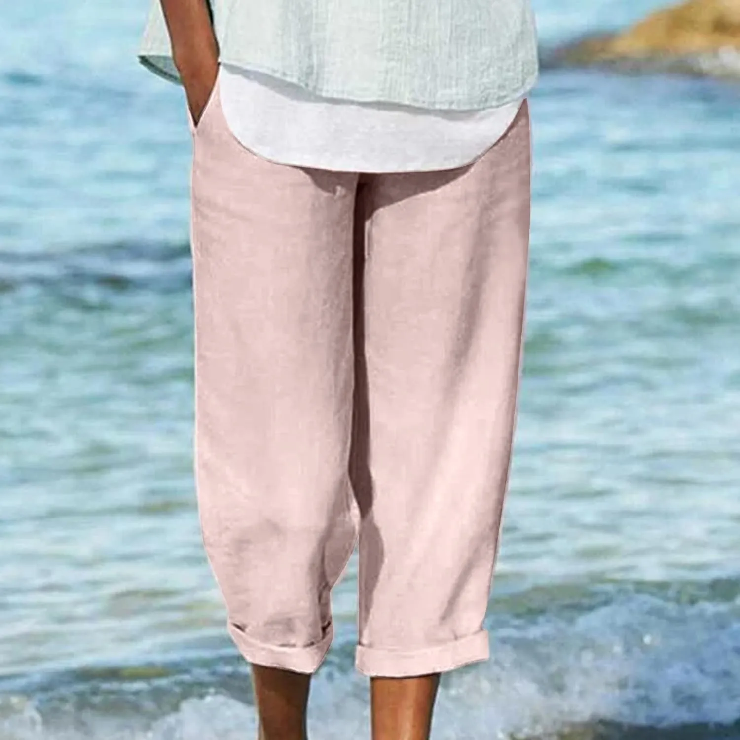 DASAYO Linen Pants Linen Elastic Waist Casaul Loose Fit Trousers Ladies Beach Pants with Pockets Summer Outfits Fashion 2025