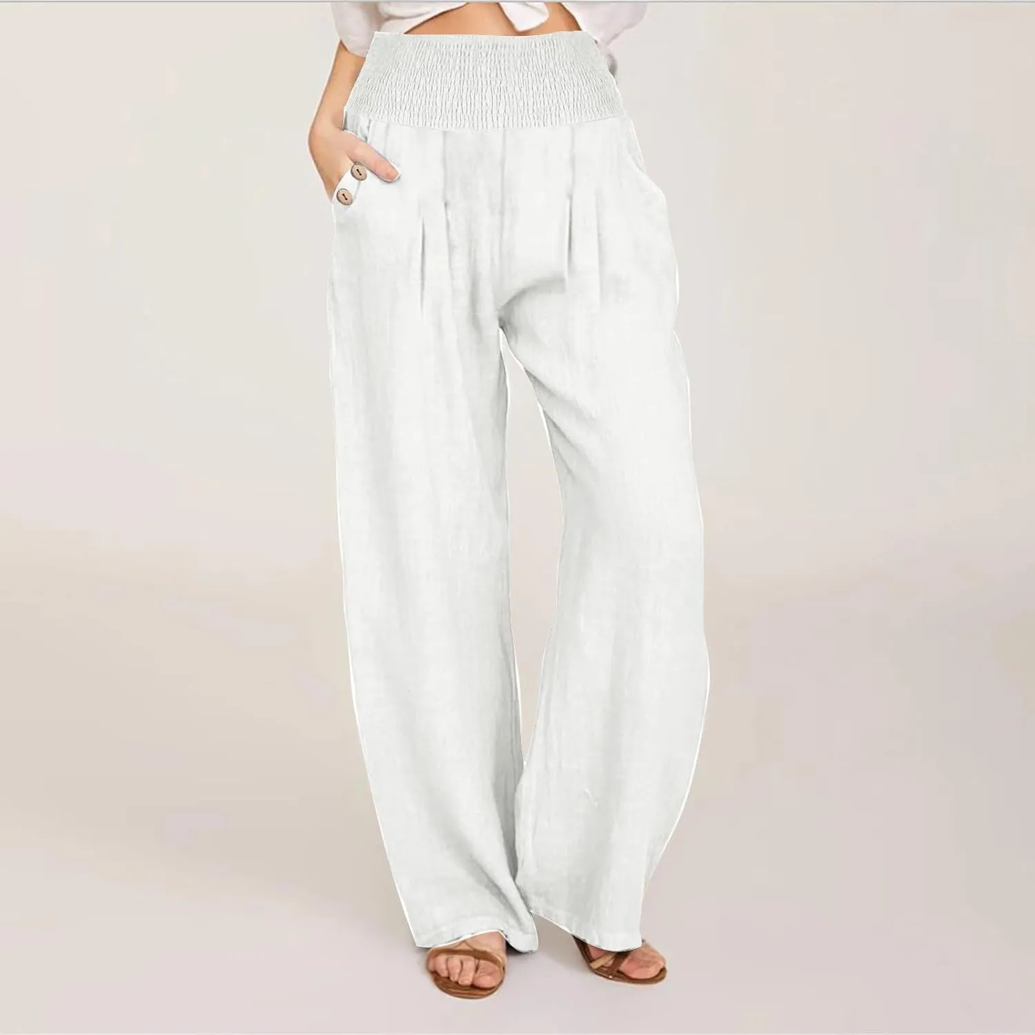 DASAYO Linen Pants Women Summer Smocked High Waisted Palazzo Pants Dressy Casual Ladies Loose Lounge Trousers with Pockets