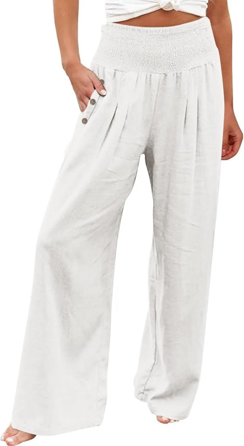 DASAYO Linen Pants Women Summer Smocked High Waisted Palazzo Pants Dressy Casual Ladies Loose Lounge Trousers with Pockets