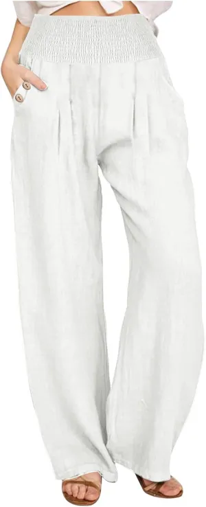 DASAYO Linen Pants Women Summer Smocked High Waisted Palazzo Pants Dressy Casual Ladies Loose Lounge Trousers with Pockets