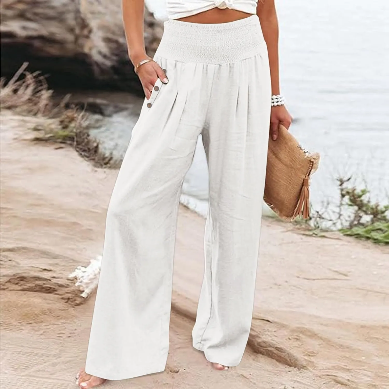 DASAYO Linen Pants Women Summer Smocked High Waisted Palazzo Pants Dressy Casual Ladies Loose Lounge Trousers with Pockets