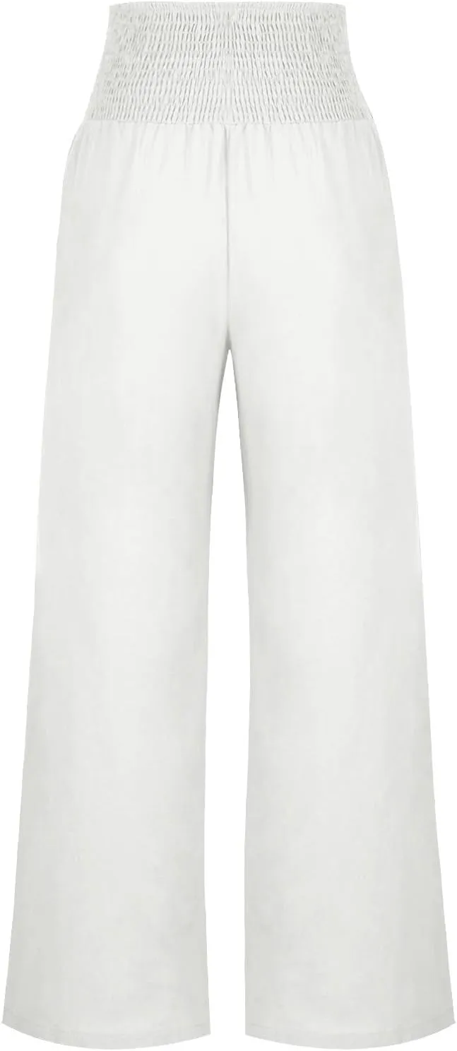 DASAYO Linen Pants Women Summer Smocked High Waisted Palazzo Pants Dressy Casual Ladies Loose Lounge Trousers with Pockets