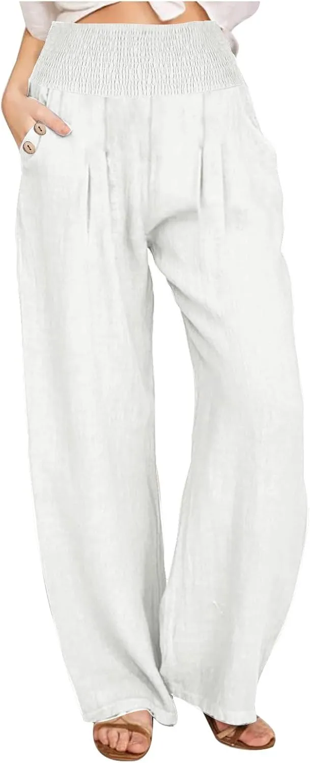 DASAYO Linen Pants Women Summer Smocked High Waisted Palazzo Pants Dressy Casual Ladies Loose Lounge Trousers with Pockets
