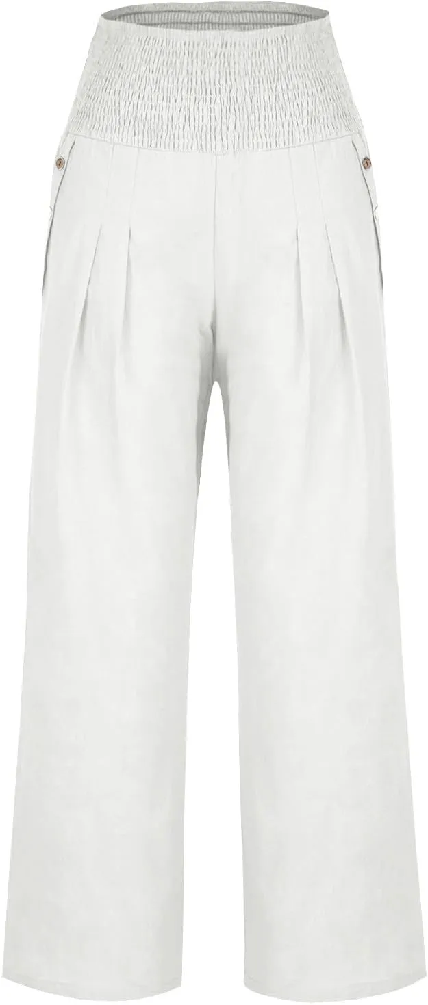 DASAYO Linen Pants Women Summer Smocked High Waisted Palazzo Pants Dressy Casual Ladies Loose Lounge Trousers with Pockets